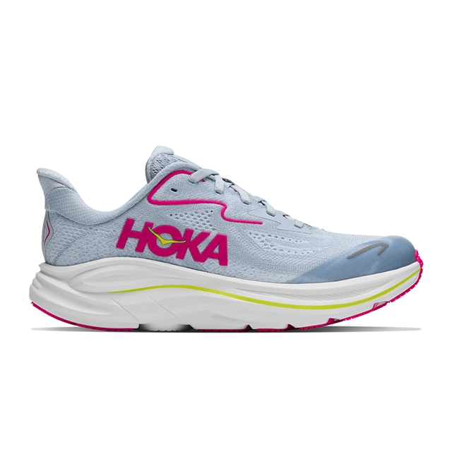Light blue running shoe with pink and yellow accents.