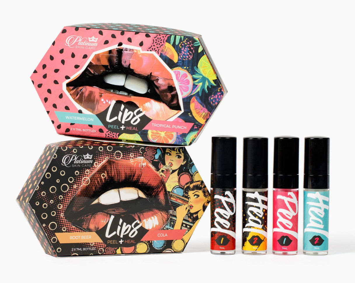 Colorful lip product packaging with four small bottles of lip gloss.