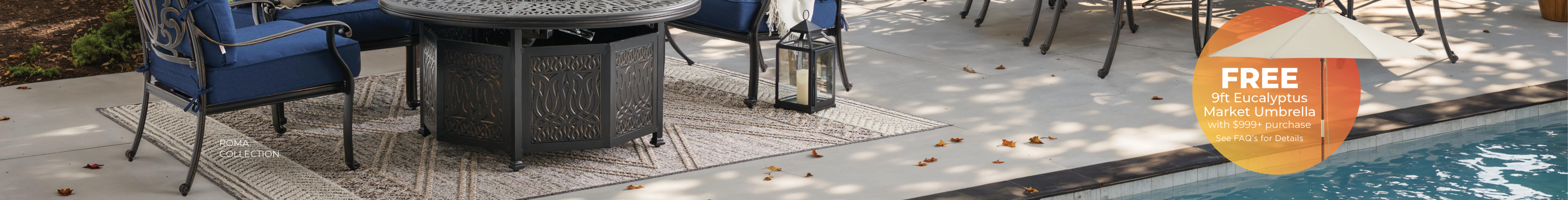 Outdoor furniture setup by a pool, featuring seating and dining arrangements.
