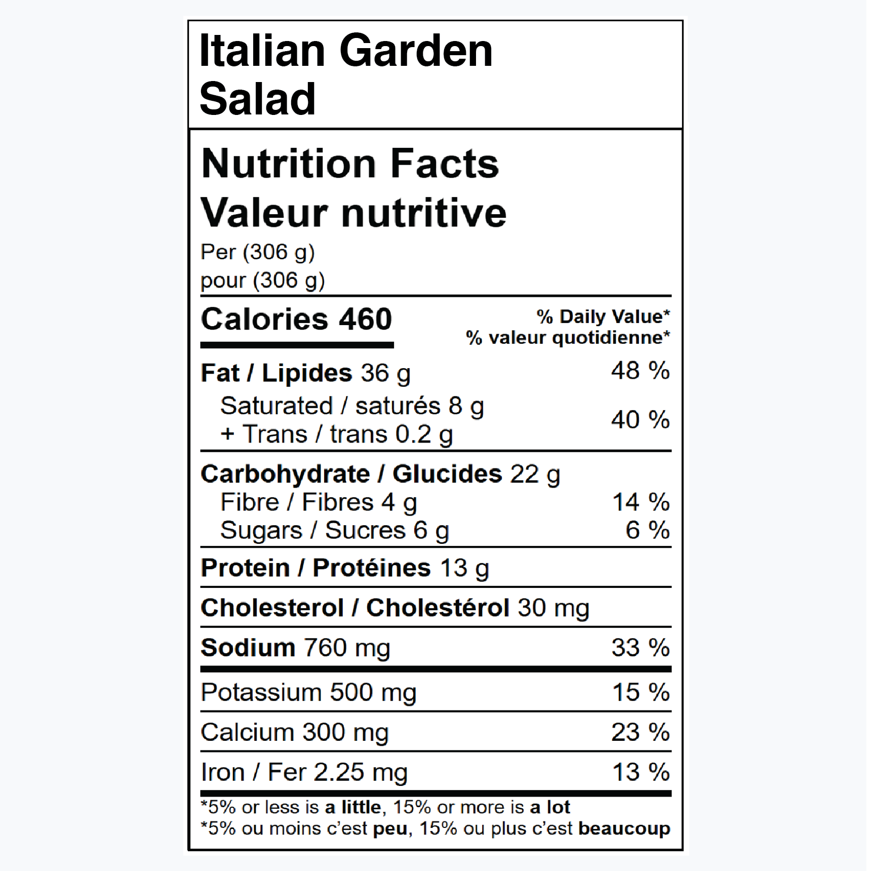 Nutrition facts label for Italian Garden Salad.