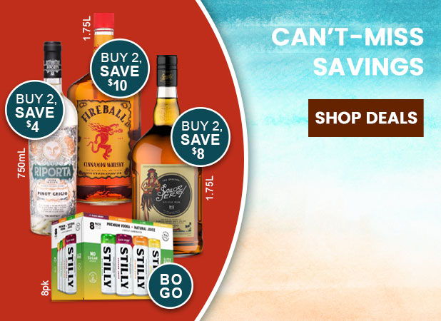 Promotional image featuring various alcoholic beverages and savings offers.