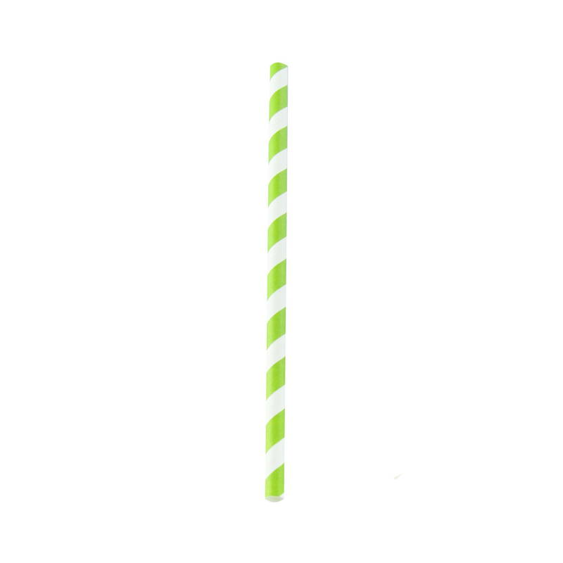 A lime green and white striped paper straw