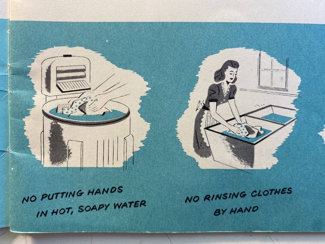 Spot illustrations from a Mid-Century washing machine brochure. There are two images, one a close up of a pair of hands holding clothing inside a washing machine and the other featuring a woman washing laundry in a sink. The illustrations are primarily black and white with blue accents for the water.