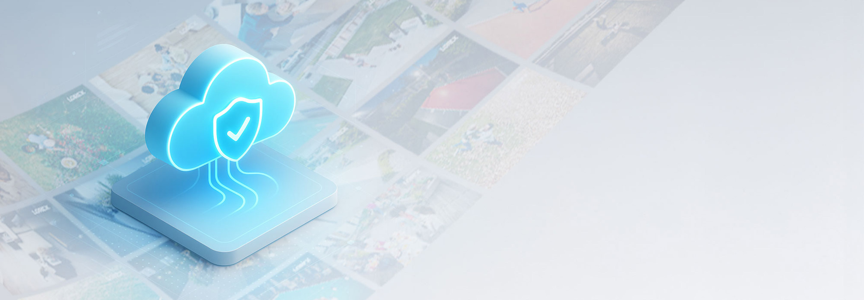 3D glowing blue cloud icon with a security shield and checkmark, representing Lorex Cloud storage and data protection, over a blurred background of security camera footage thumbnails.