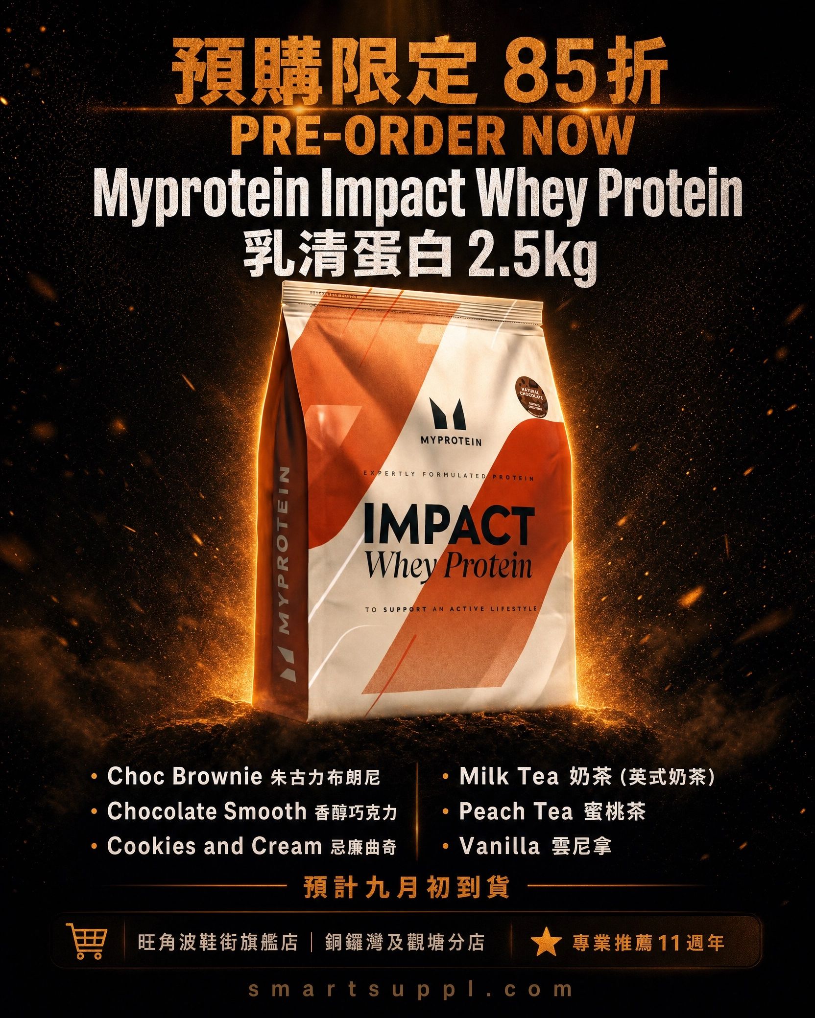 Myprotein Impact Whey Protein promotional poster with flavor options and pre-order discount.