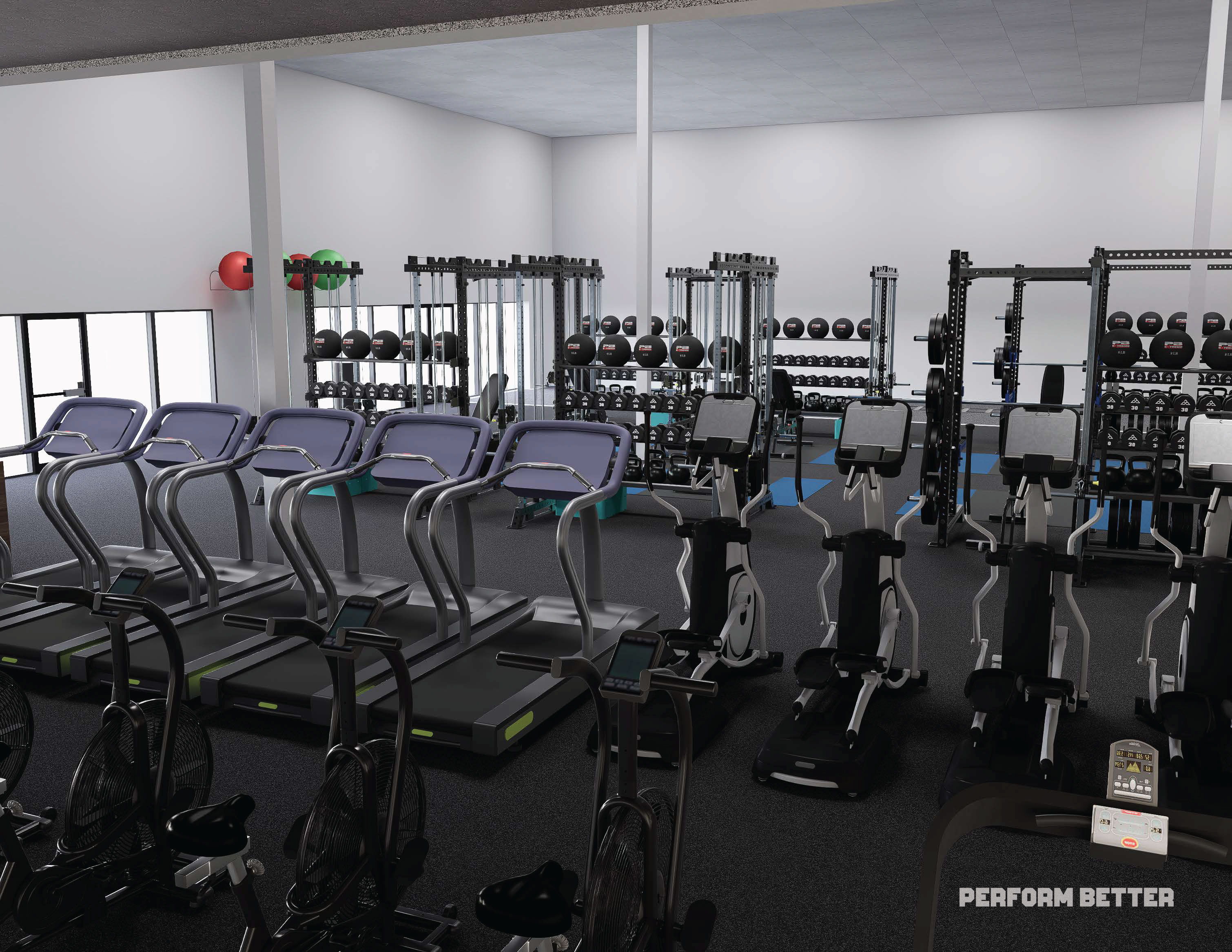 Fitness gym with various exercise machines and weights.