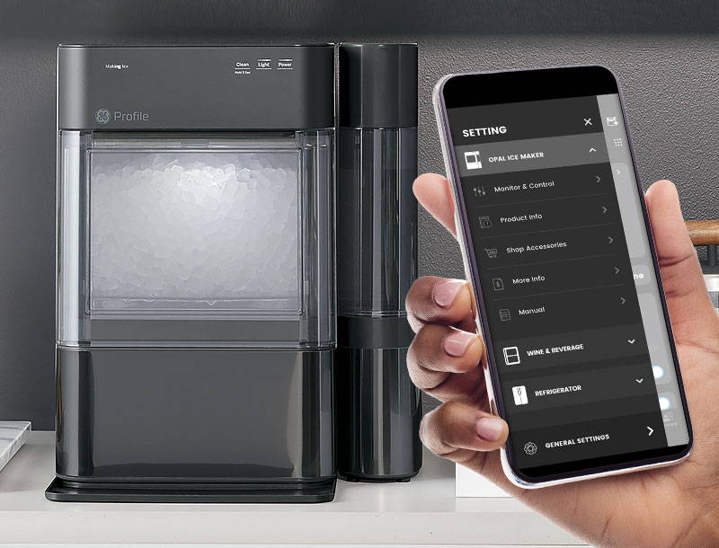 Smartphone showing SmartHQ companion app , featuring the ability to set and edit ice making schedules and more.