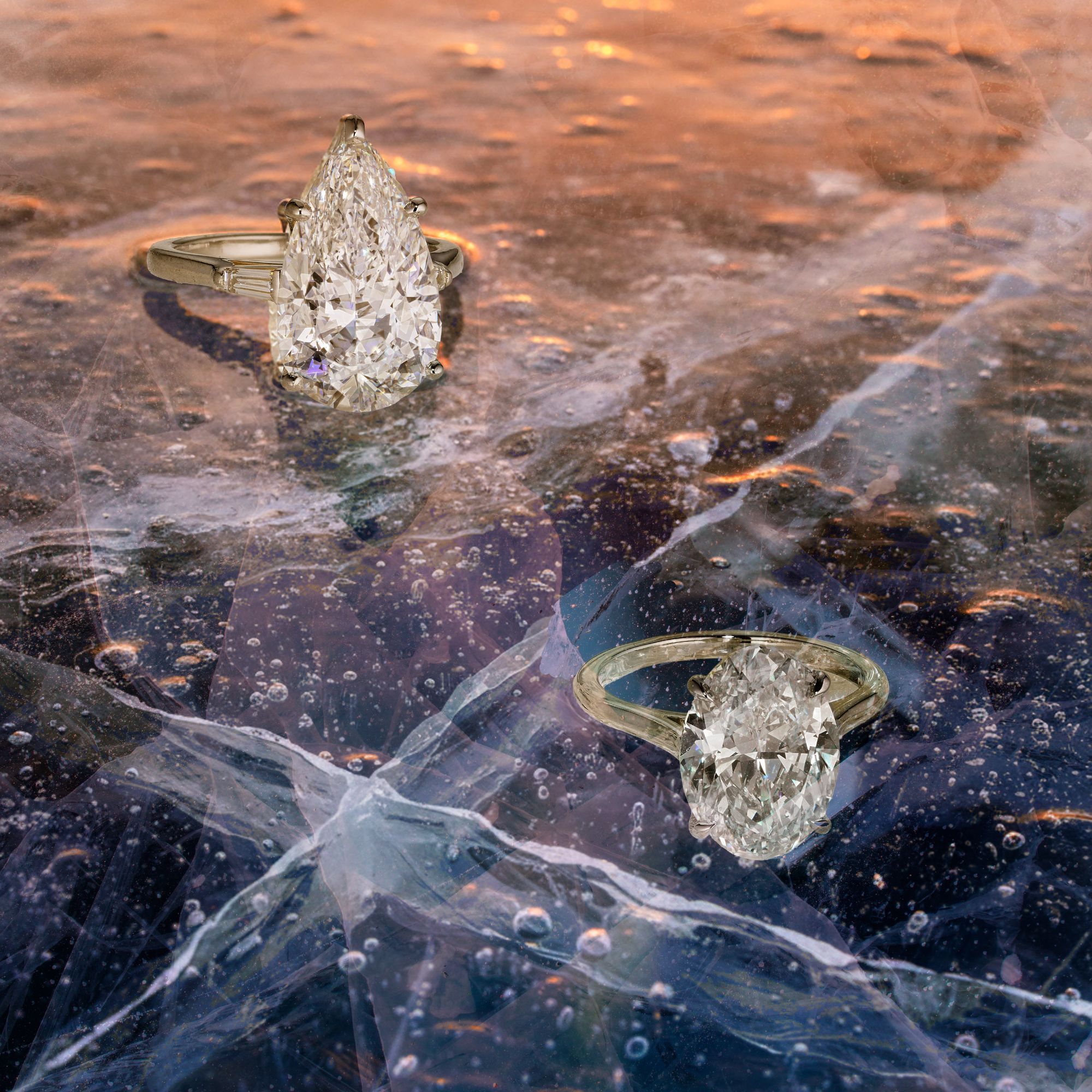 finished diamond rings on ice background