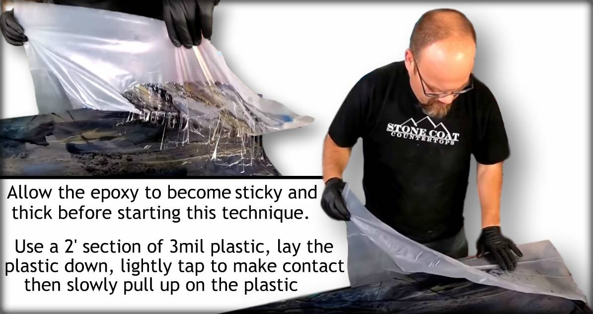 Let the epoxy become sticky and thick. Lay a 2' section of 3mil plastic down, tap it lightly to make contact, then slowly pull it up.