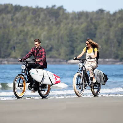 These electric beach cruisers can ride on the street and the soft sand with ease.