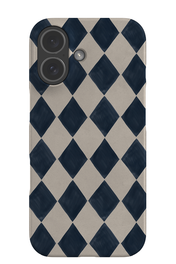 Painted diamond check phone case with beige and blue diamond checks