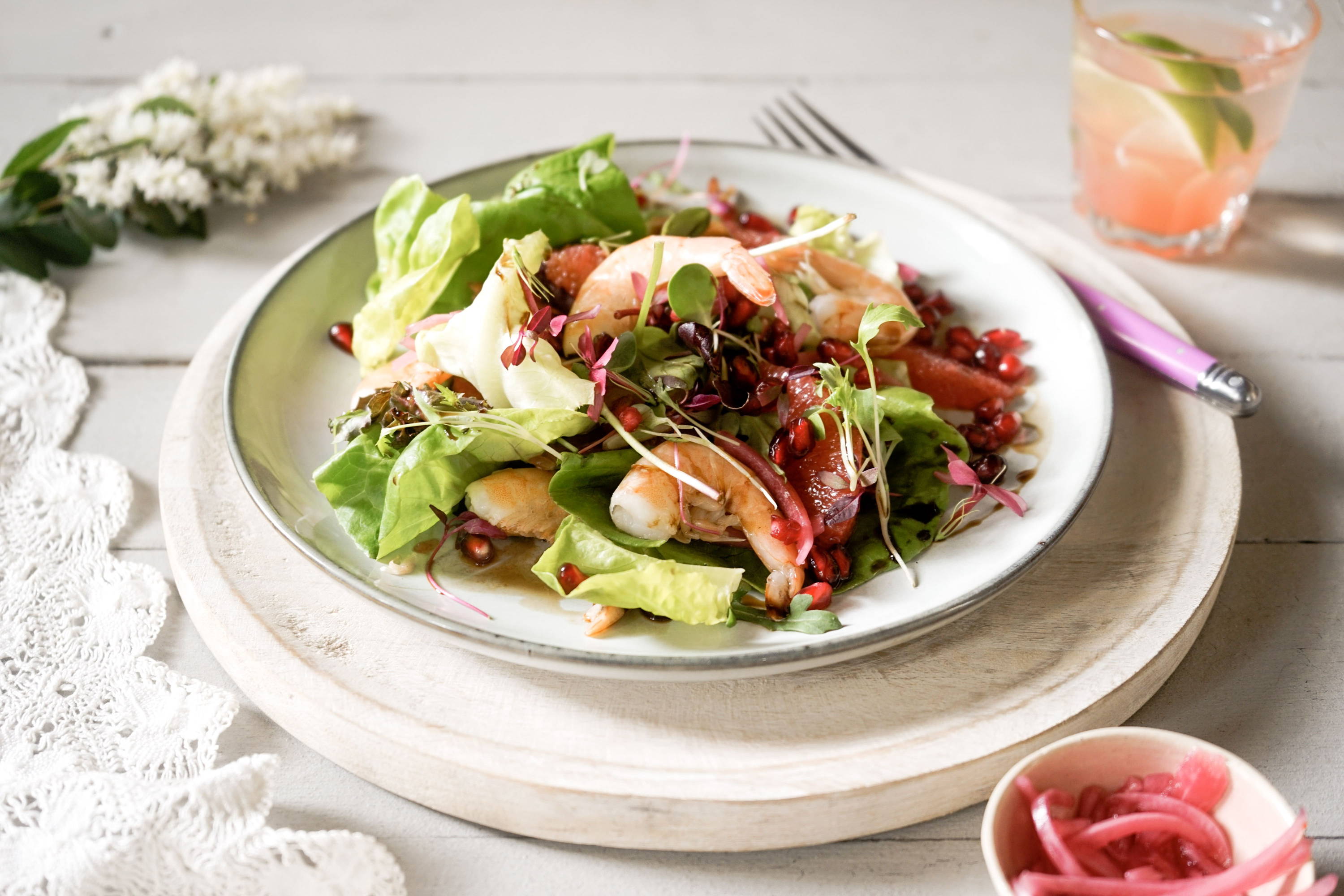 Shrimp Salad With Grapefruit, Pink Onions And Pomegranate Balsamic Glaze