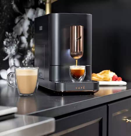 Affetto Automatic Espresso Machine in Matte black with coffee drinks