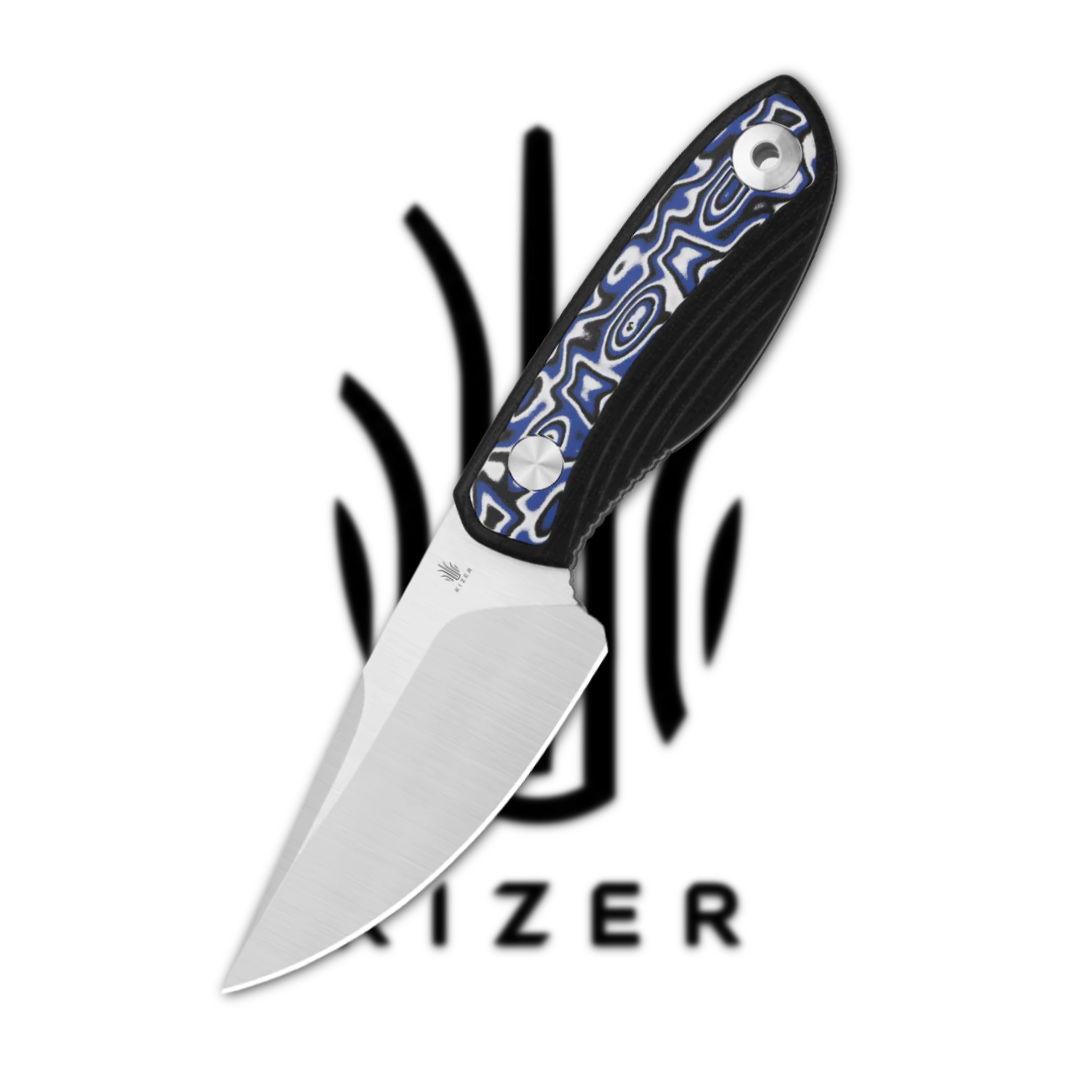 Knife with a patterned handle and logo in the background.
