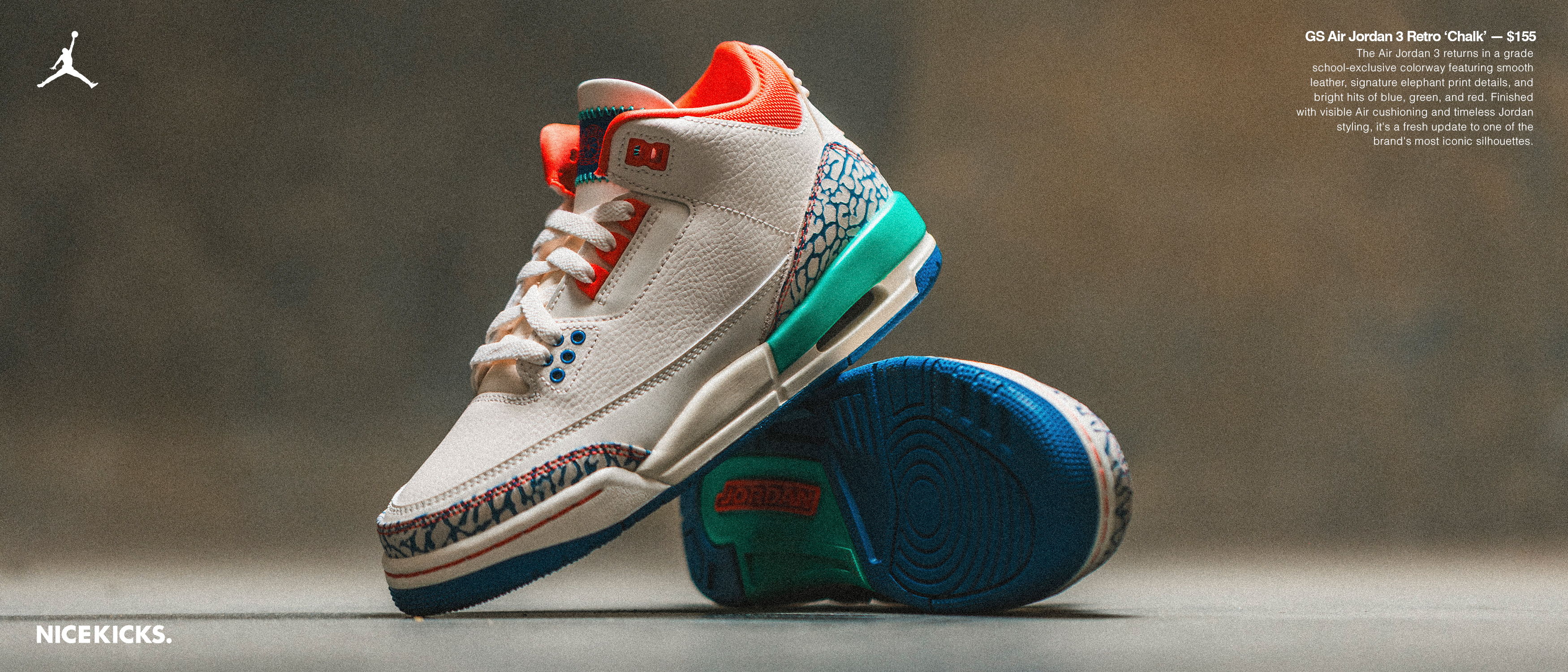 Air Jordan 3 sneakers with colorful accents on a textured surface.