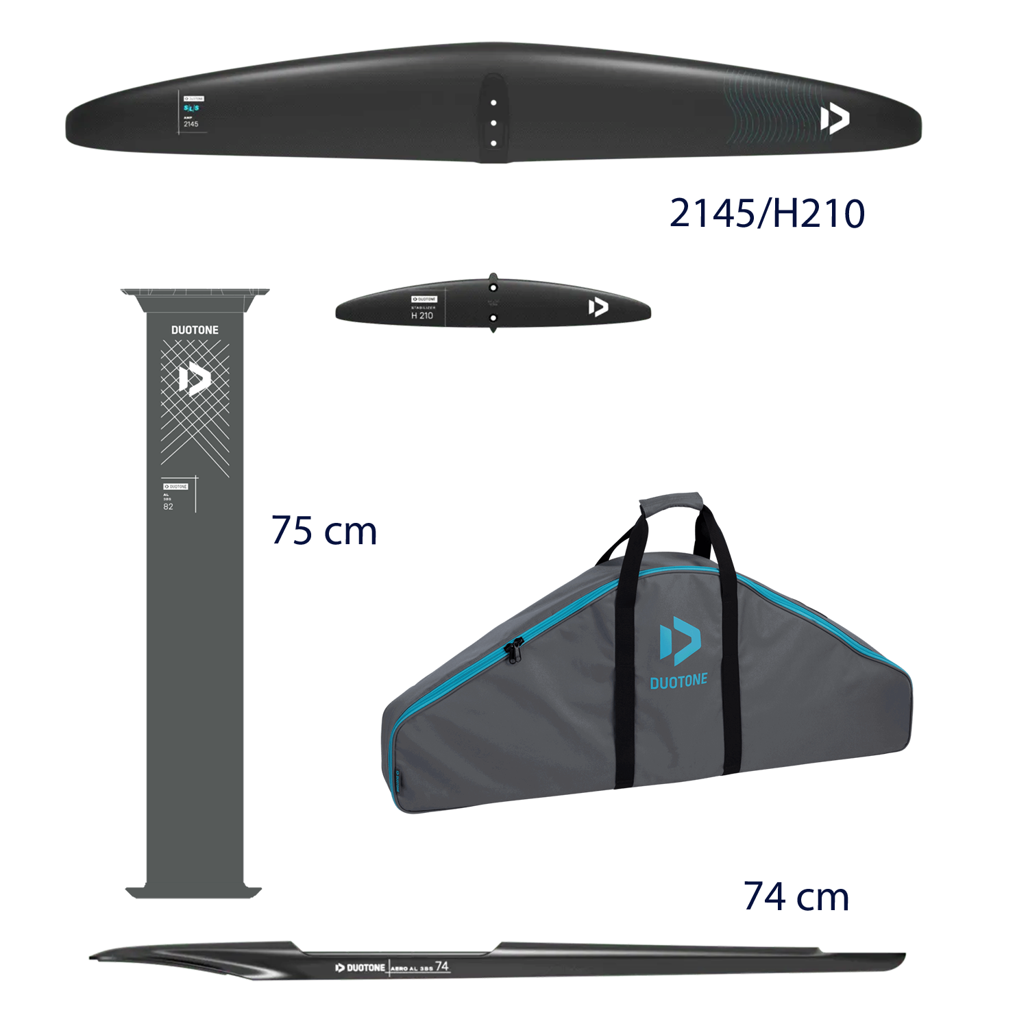 Foil board components including wings, mast, and carrying bag.