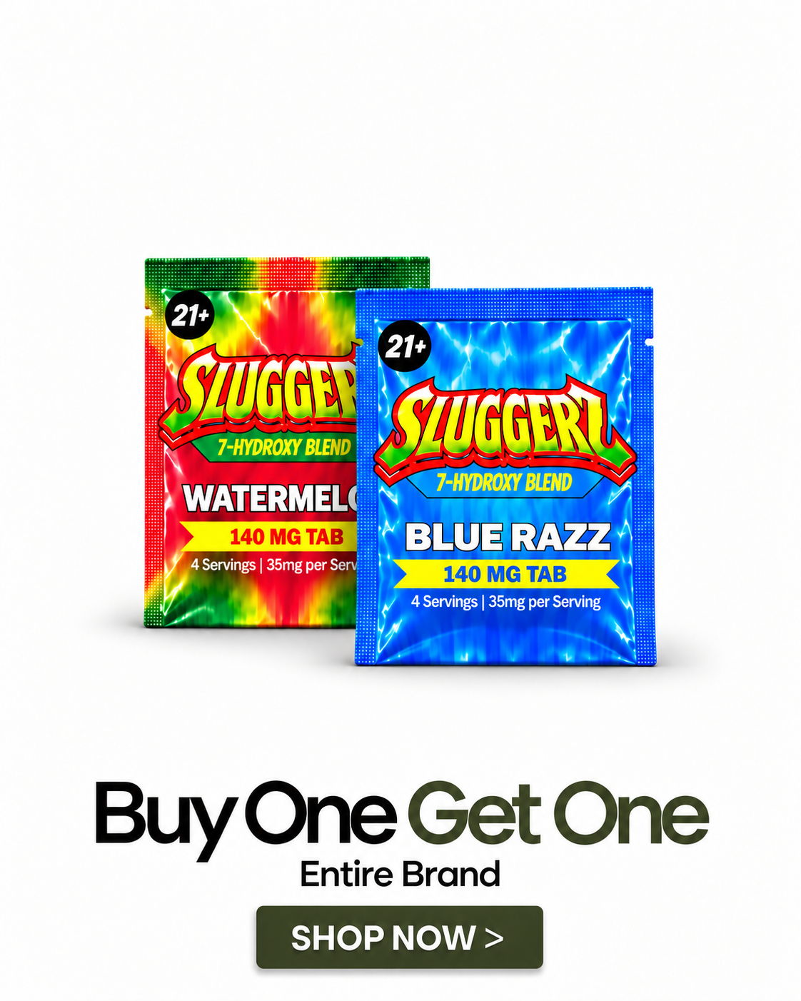 Two Sluggerz flavor packets: Watermelon and Blue Razz with promotional text below.