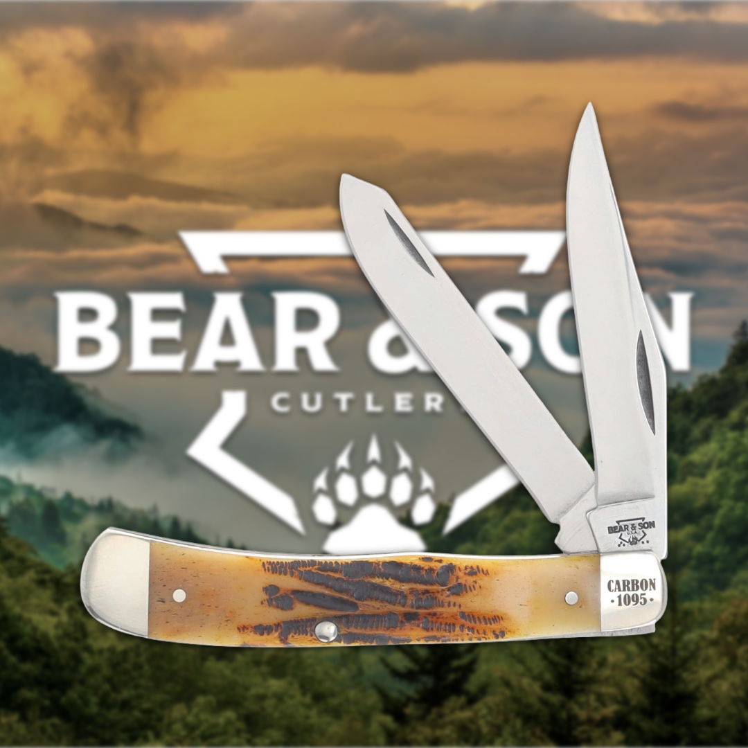 A folding knife in front of a Bear & Son Cutlery logo.