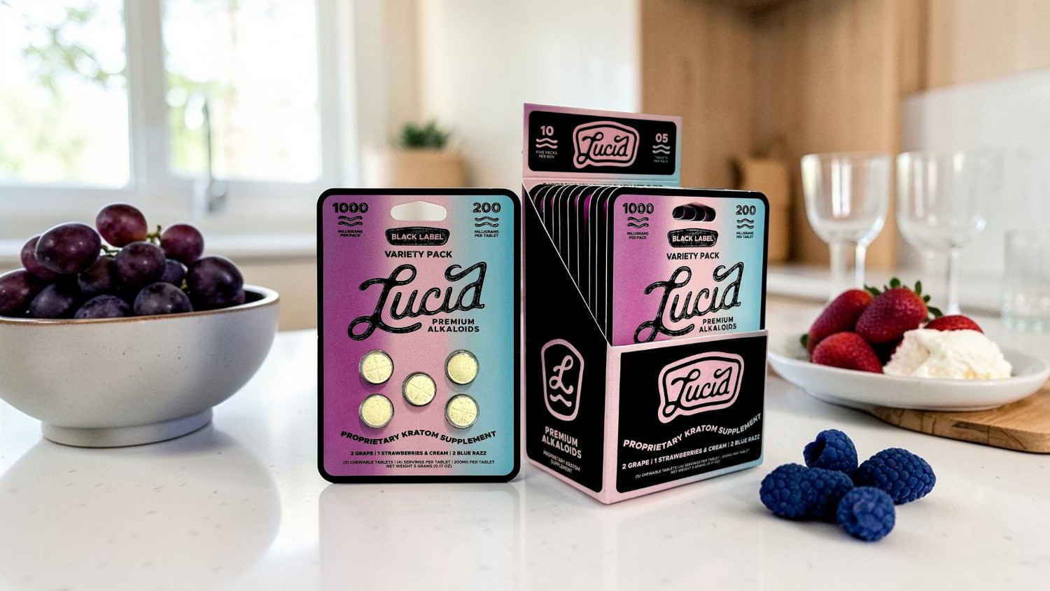 Two packages of Lucid products beside a bowl of grapes and berries.