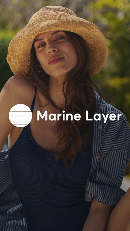 Woman in a swimsuit wearing a straw hat, with a logo overlay.