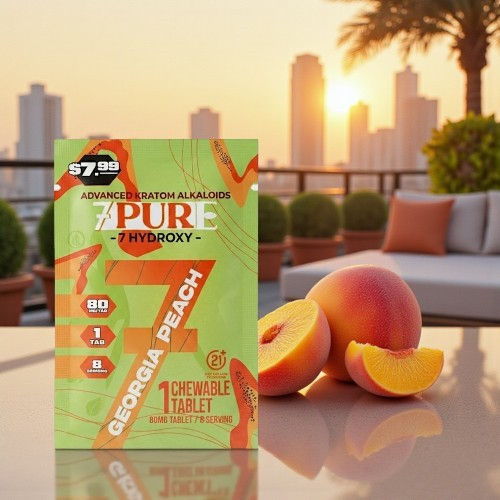 Georgia Peach product on a table with a sunset background.