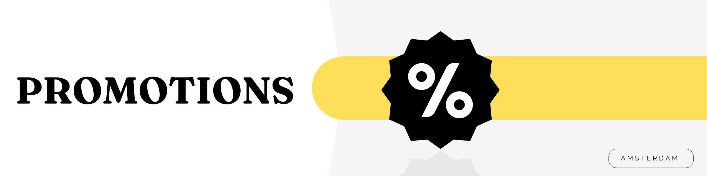 Promotions text with a percentage symbol on a yellow background.