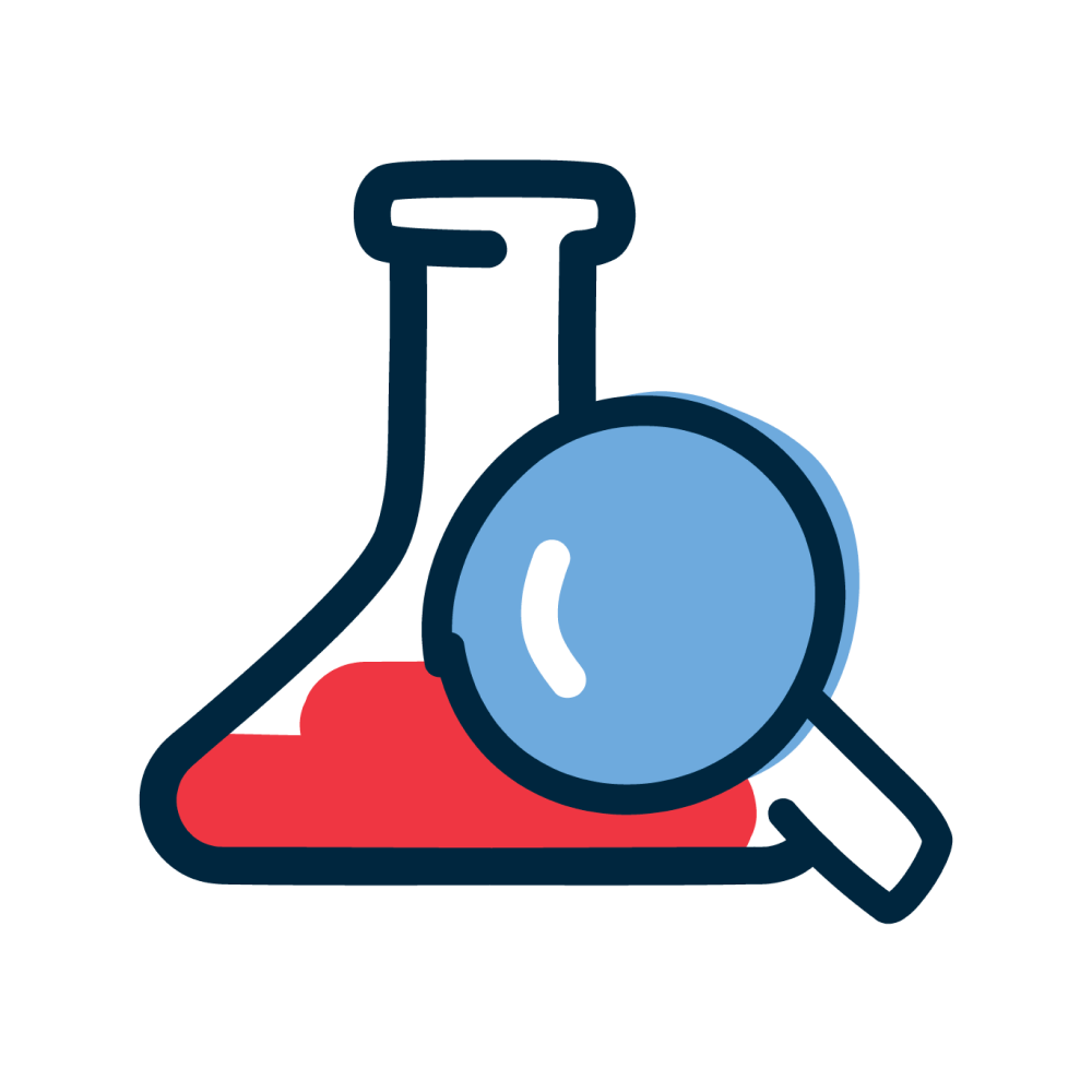 Graphic icon showing a science beaker and magnifying glass