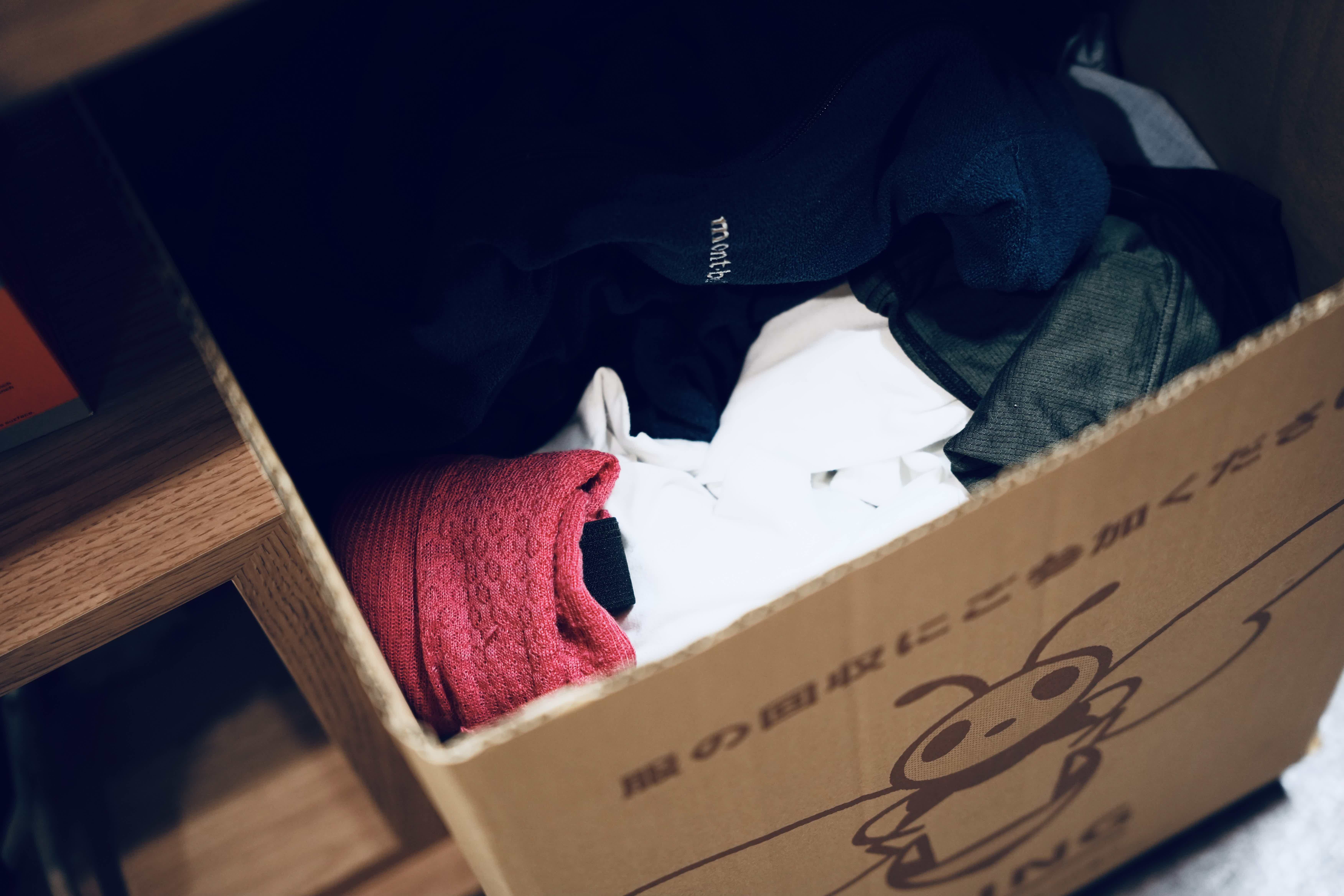 A box filled with assorted clothing items.