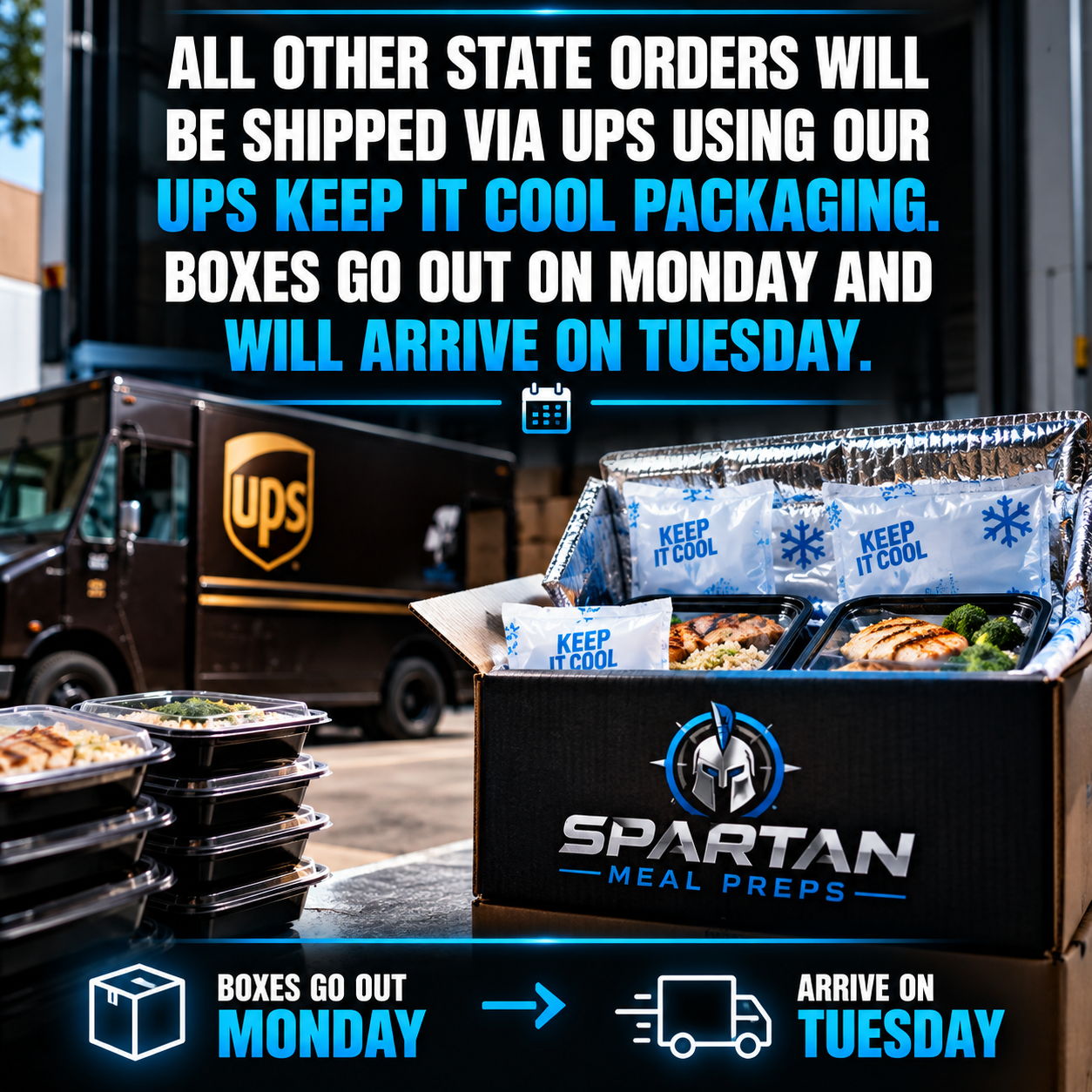 Spartan Meal Preps nationwide meal delivery via UPS, featuring fresh prepared meals in insulated packaging, shipped Monday for Tuesday delivery. Copy