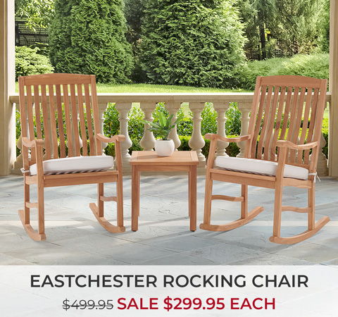 Two Eastchester rocking chairs with a small table on a porch. Sale price included.