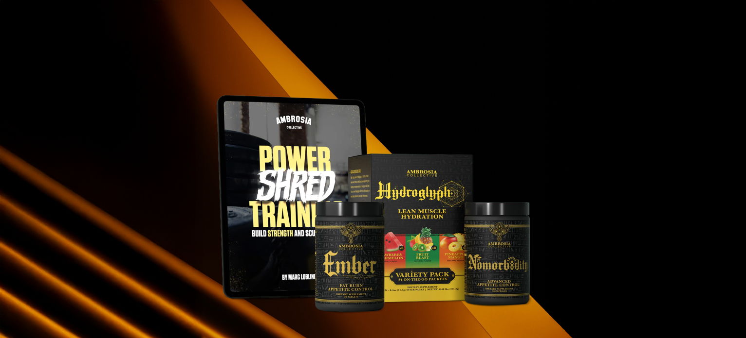 Fitness products displayed on a black and orange background.