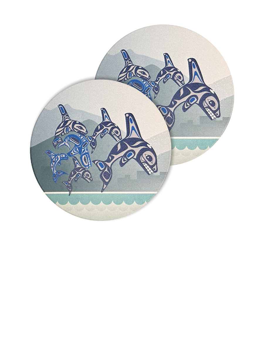 Orca Family Ceramic Coasters by Paul Windsor, Haisla, Heiltsuk
