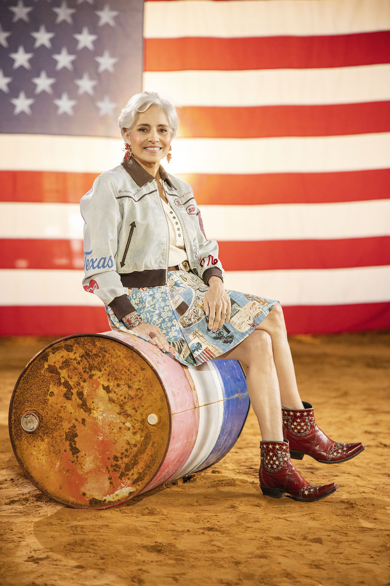Hedy wearing the Honor Roll Jacket, Addie Henley and the Sea to Shining Sea skirt.