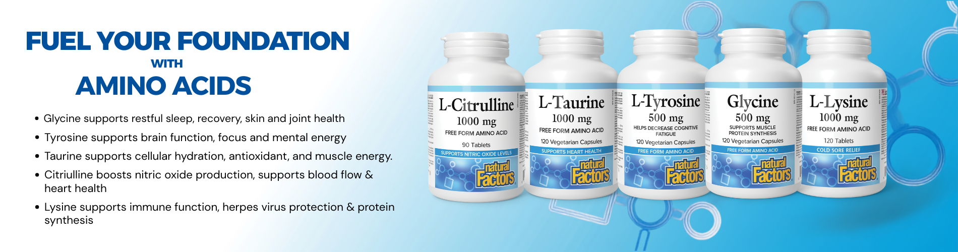 Bottles of amino acid supplements with promotional text.