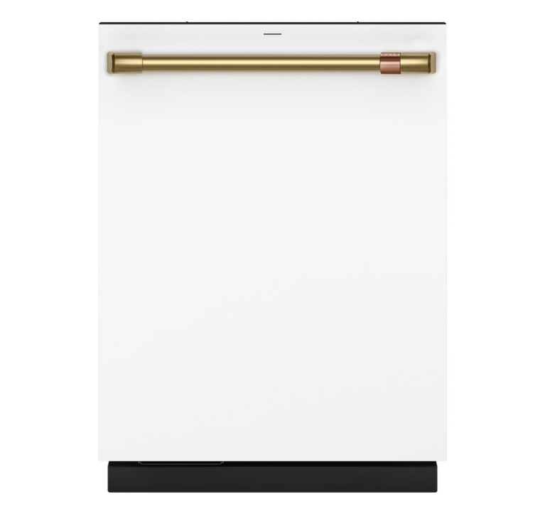 White dishwasher with a gold handle.