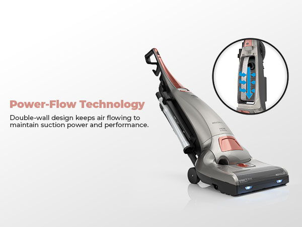 Vacuum cleaner with Power-Flow Technology and a detailed view of its design.