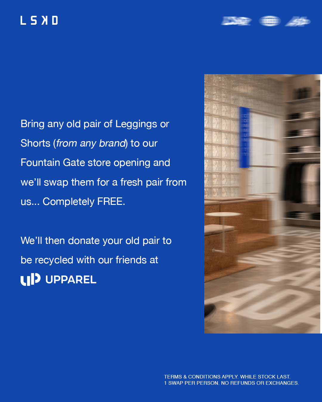 Promotion for leggings or shorts swap and recycling event.