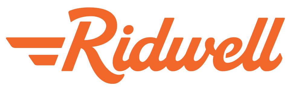 Ridwell logo with orange text and winged design element.