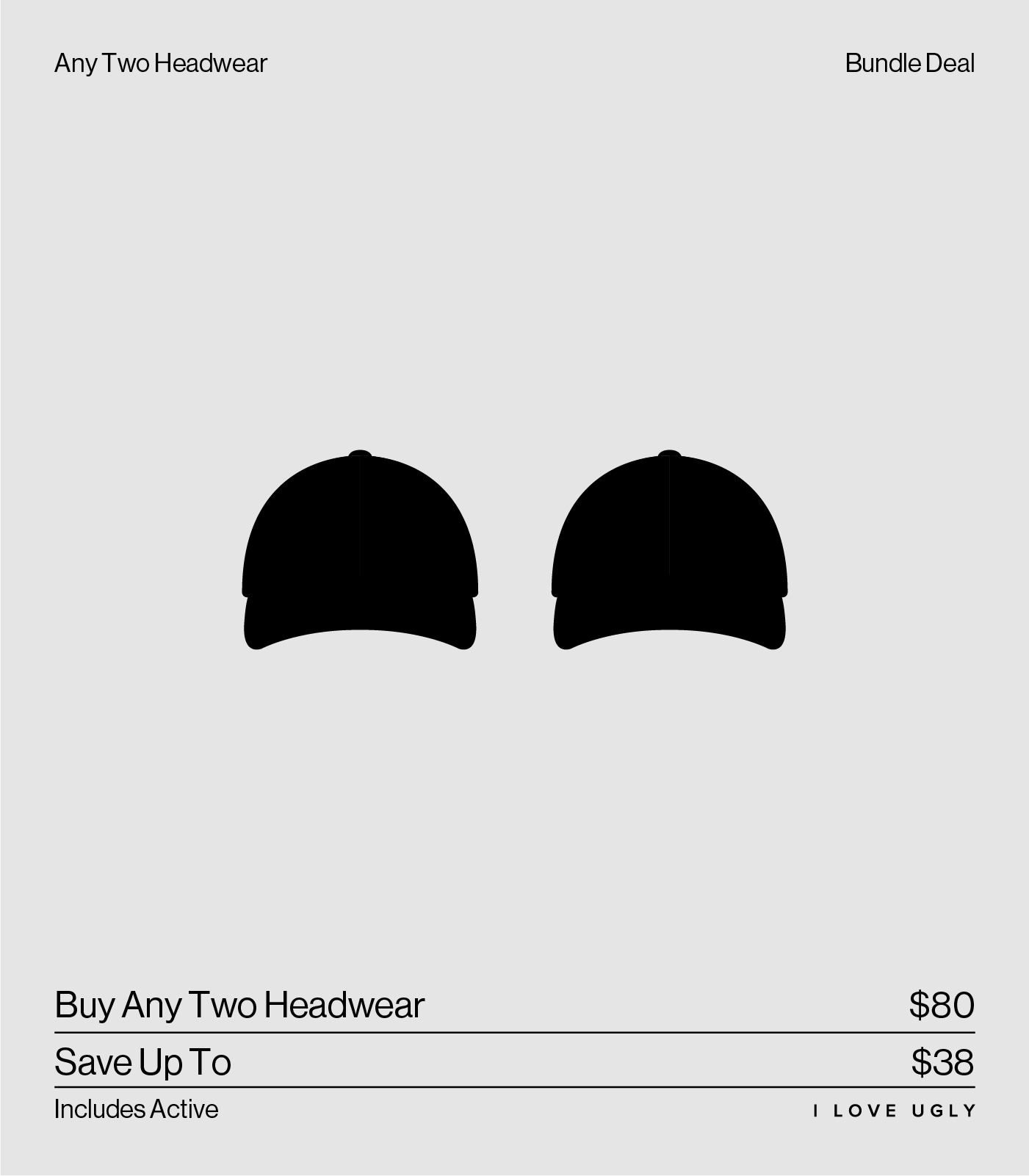Two black caps with promotional text for headwear bundle deal.