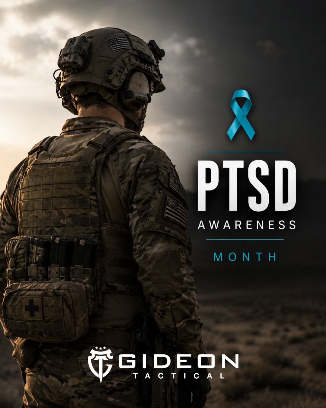 Soldier with PTSD awareness ribbon, promoting PTSD Awareness Month.