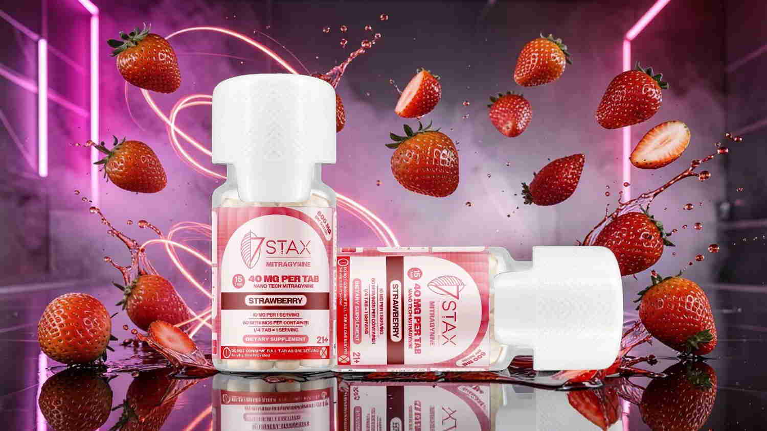 Strawberry-flavored product with berries and splashes in a vibrant background.