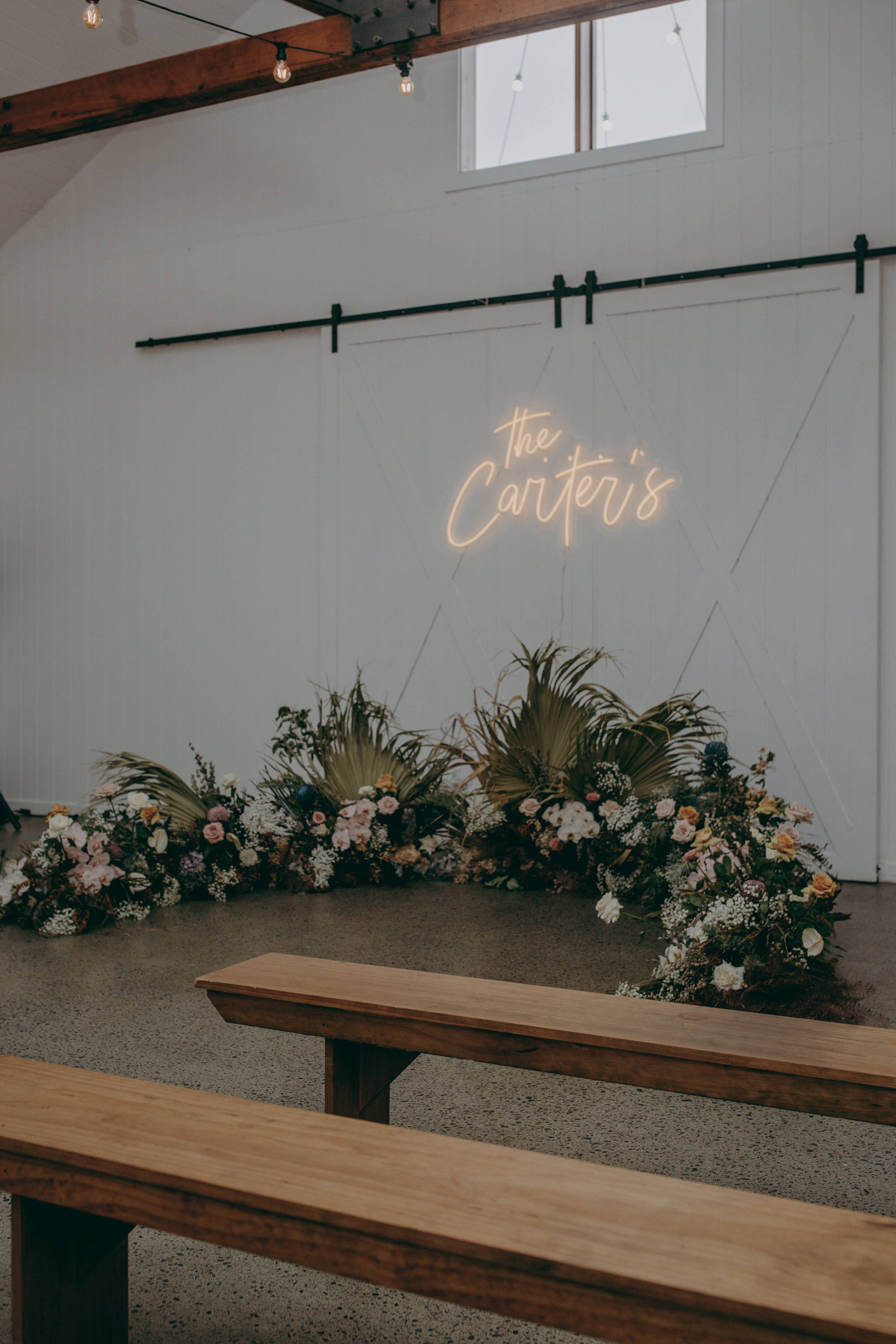 Neon lights and a flower arbour lying down