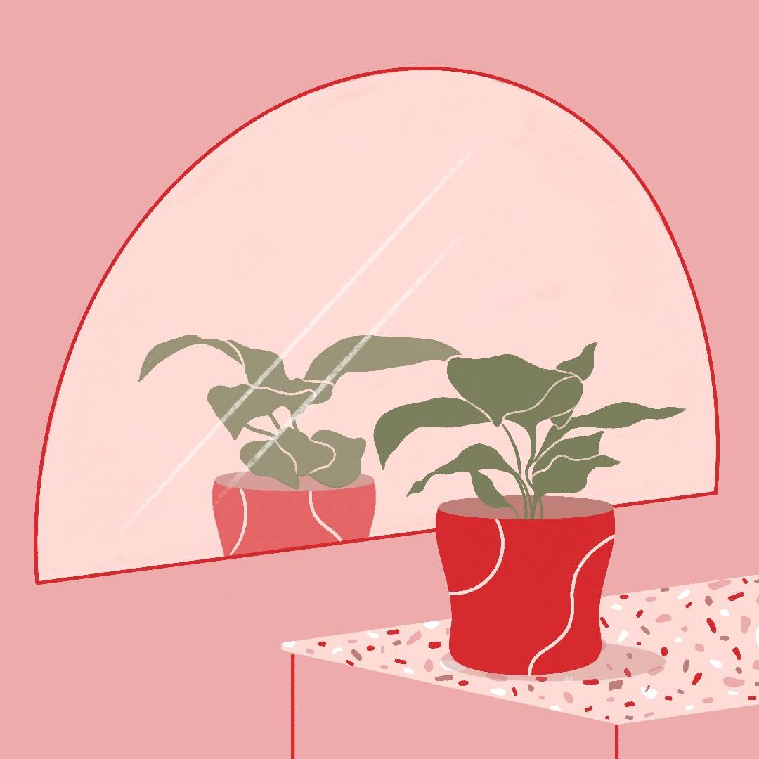 Desenho de uma mesa com um vaso contendo uma planta em frente ao espelho