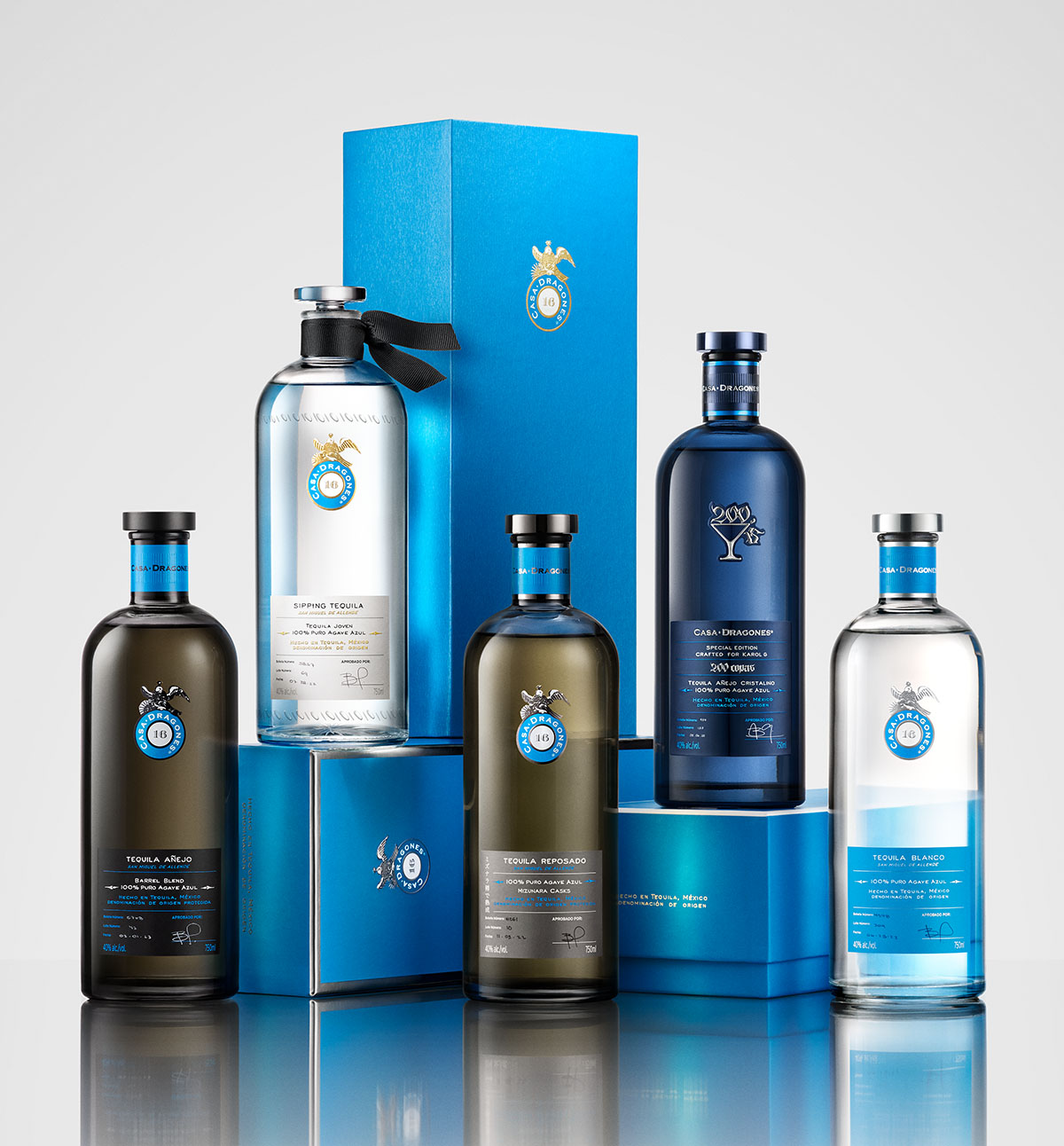 Bottles of liquor displayed with a blue box in the background.