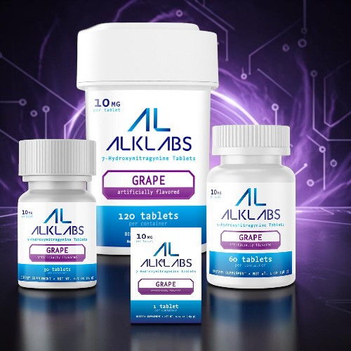 Four bottles of ALKLABS grape tablets on a purple background.