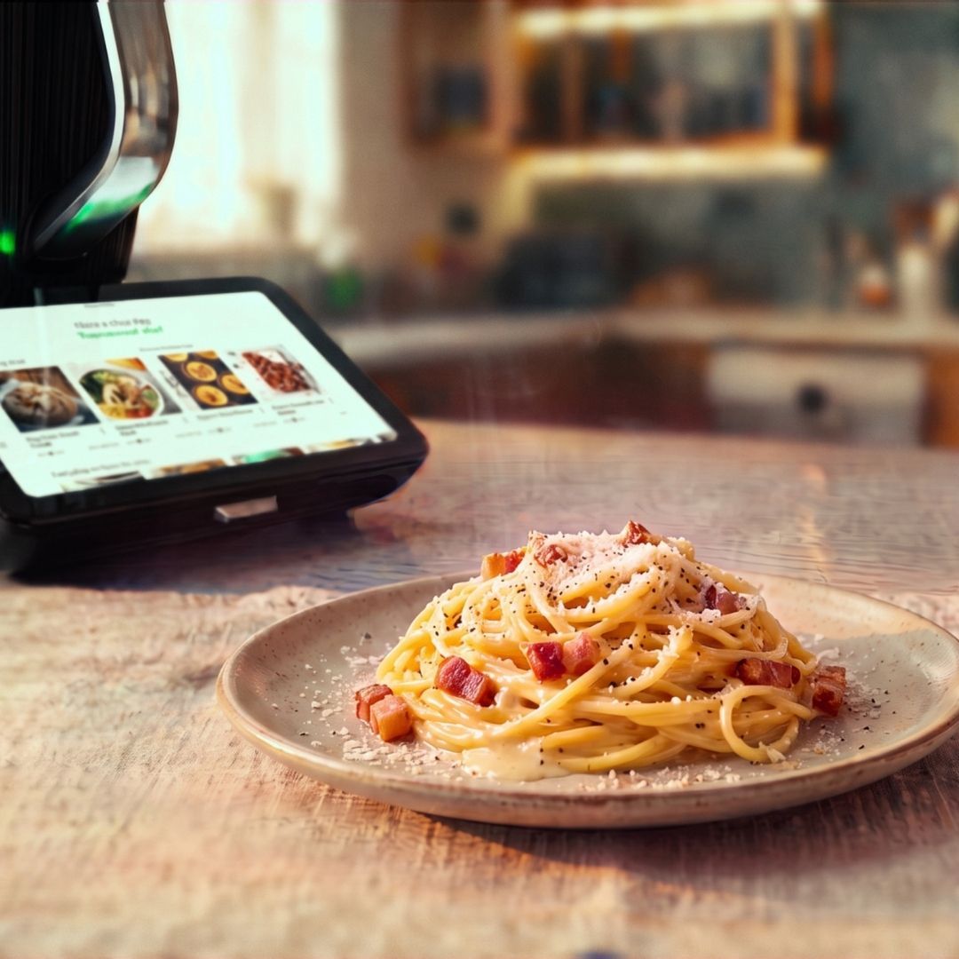 Plate of spaghetti with a cooking device in the background.