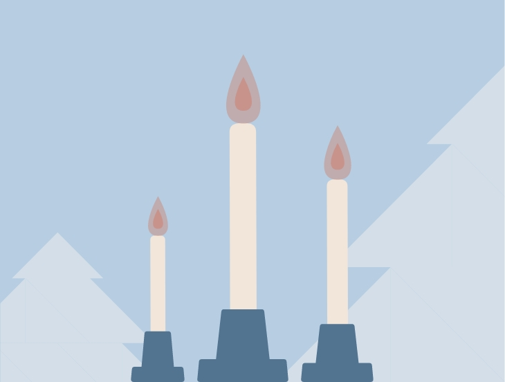 An illustration of three candles side by side, with the silhouettes of evergreen trees visible in the background.
