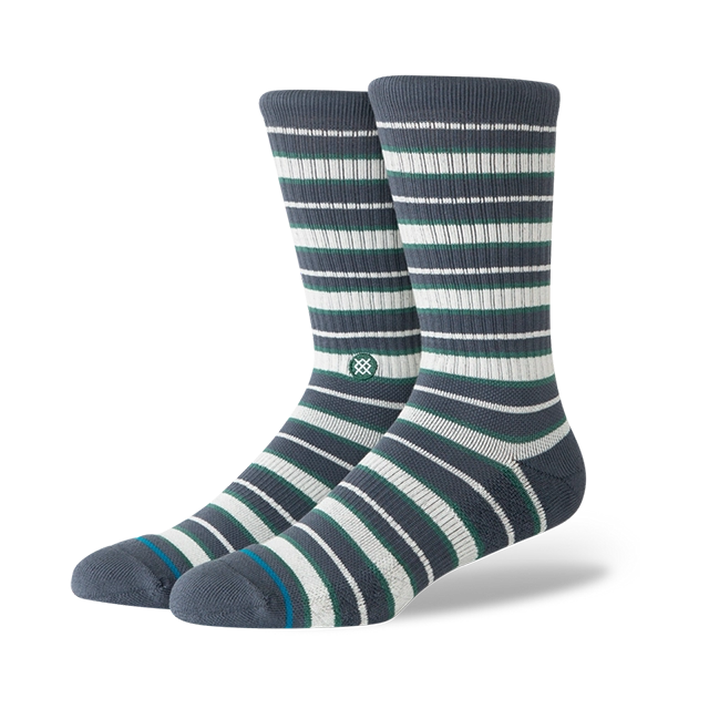 Striped socks in shades of blue and green.