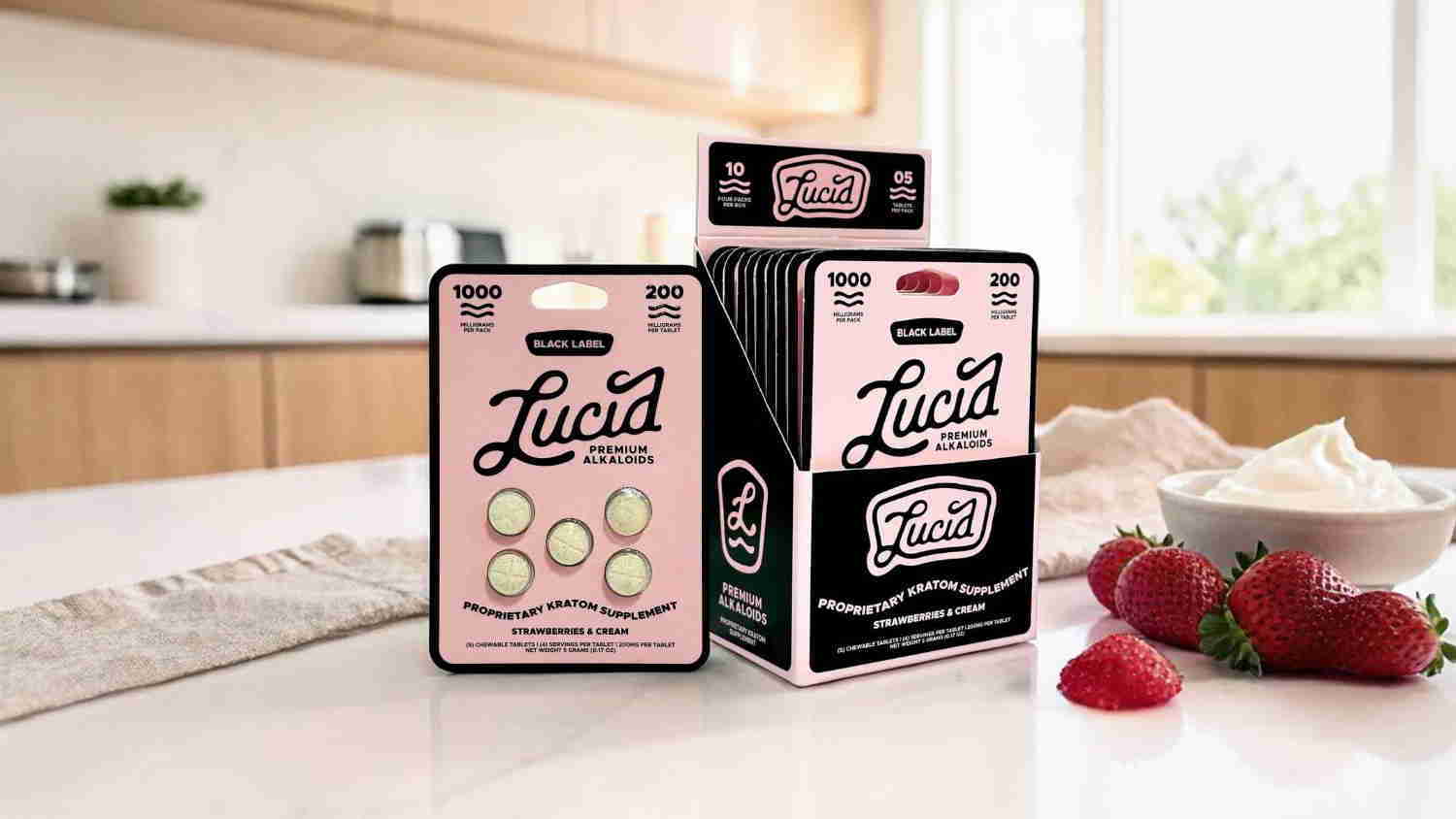 Lucid product packaging on a kitchen countertop with strawberries.