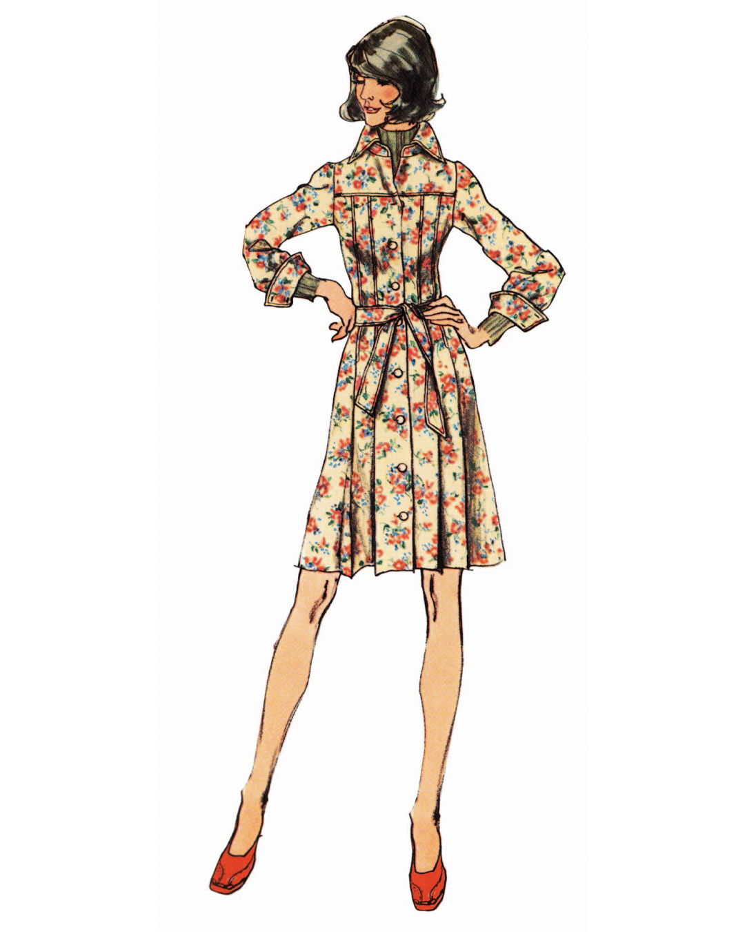 Fashion illustration of a woman in a floral dress and red shoes.